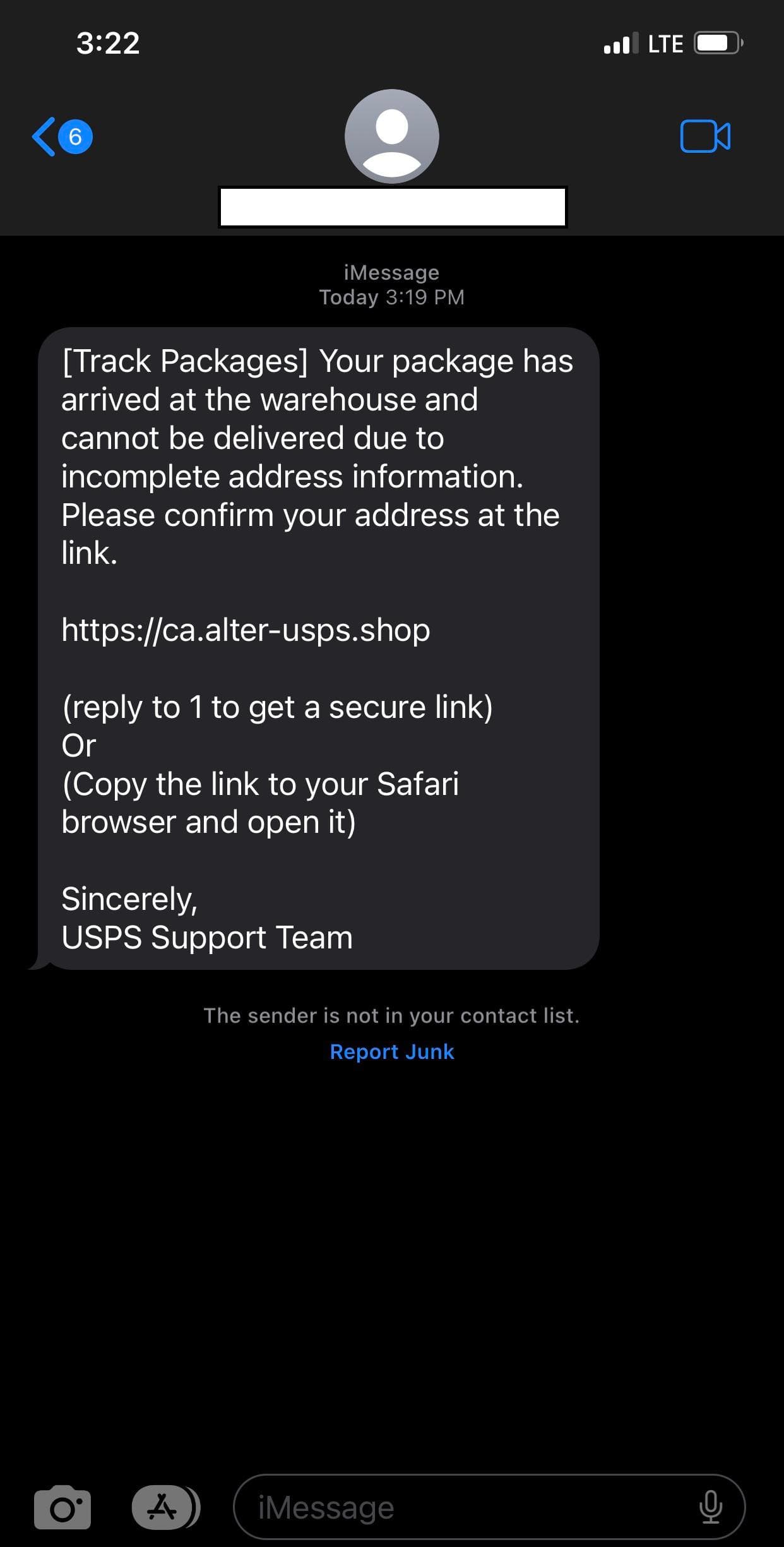 Fake USPS iMessage claiming a package cannot be delivered due to incomplete address information with a suspicious link