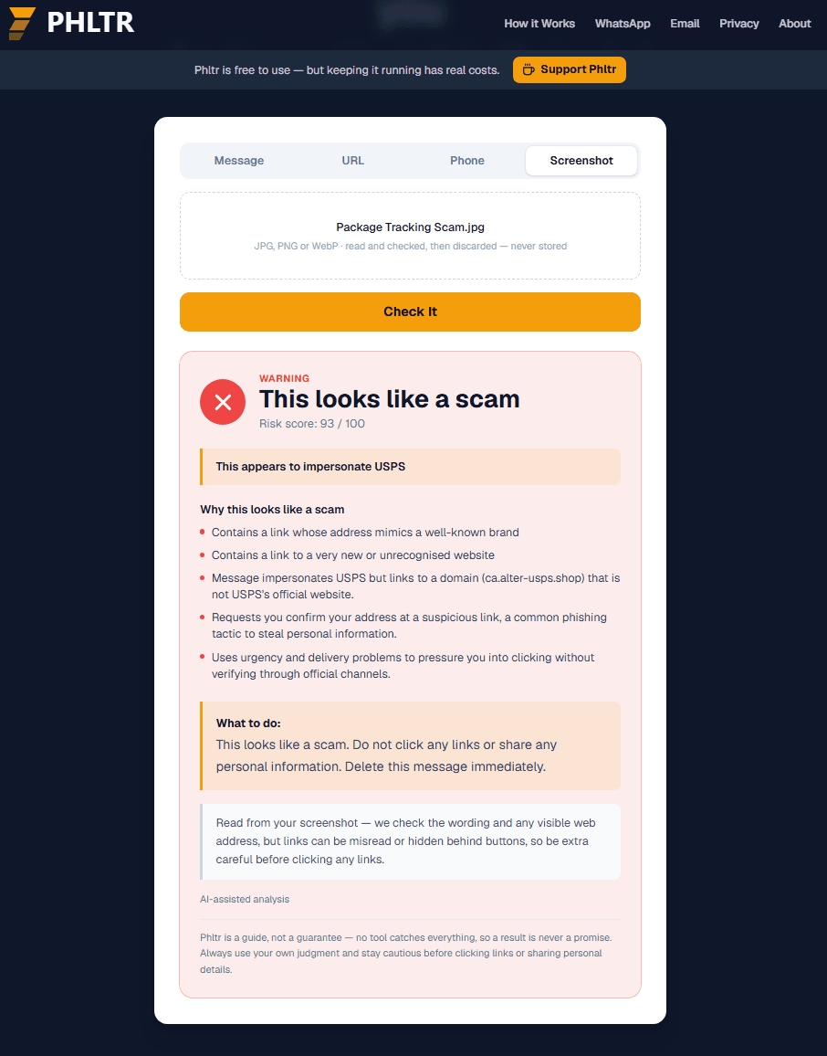 Phltr verdict showing risk score 93 out of 100 for the fake USPS package tracking text