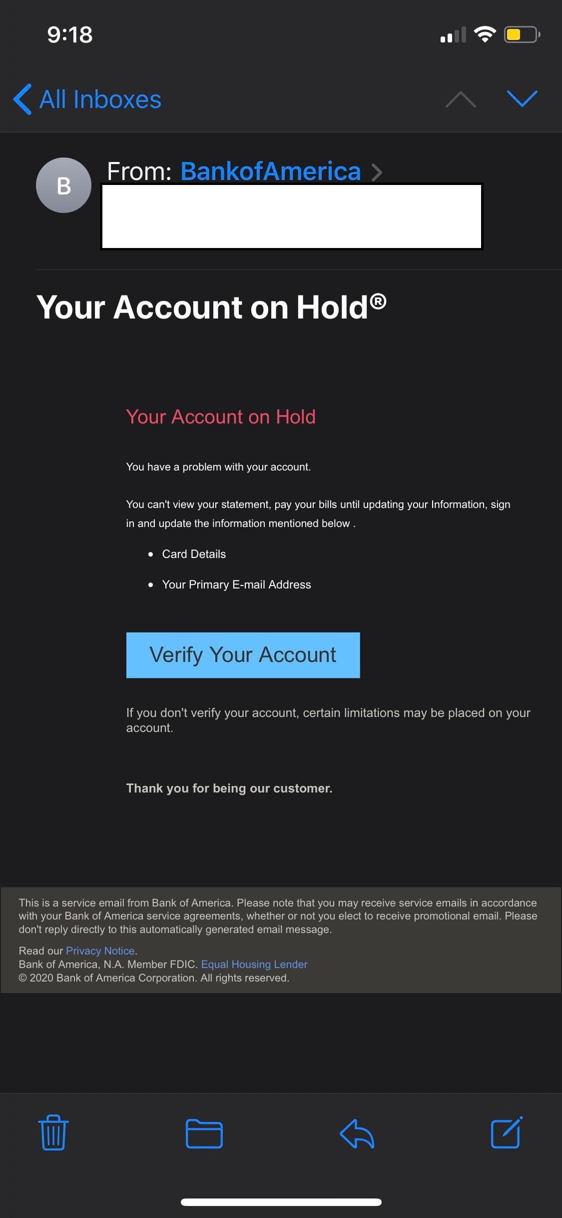 Fake Bank of America security alert email claiming account has been suspended