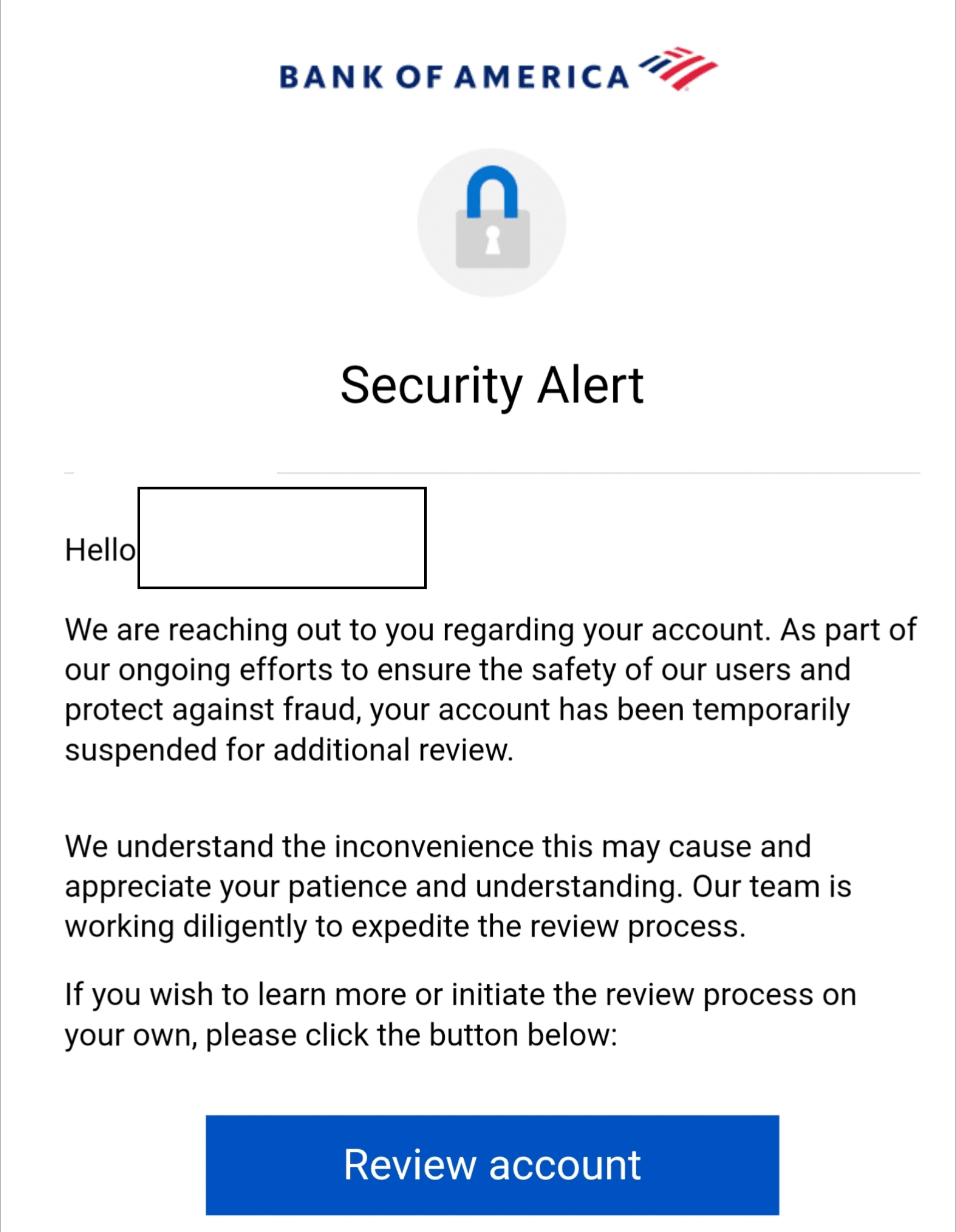 Fake Bank of America account on hold email asking for card details and email address