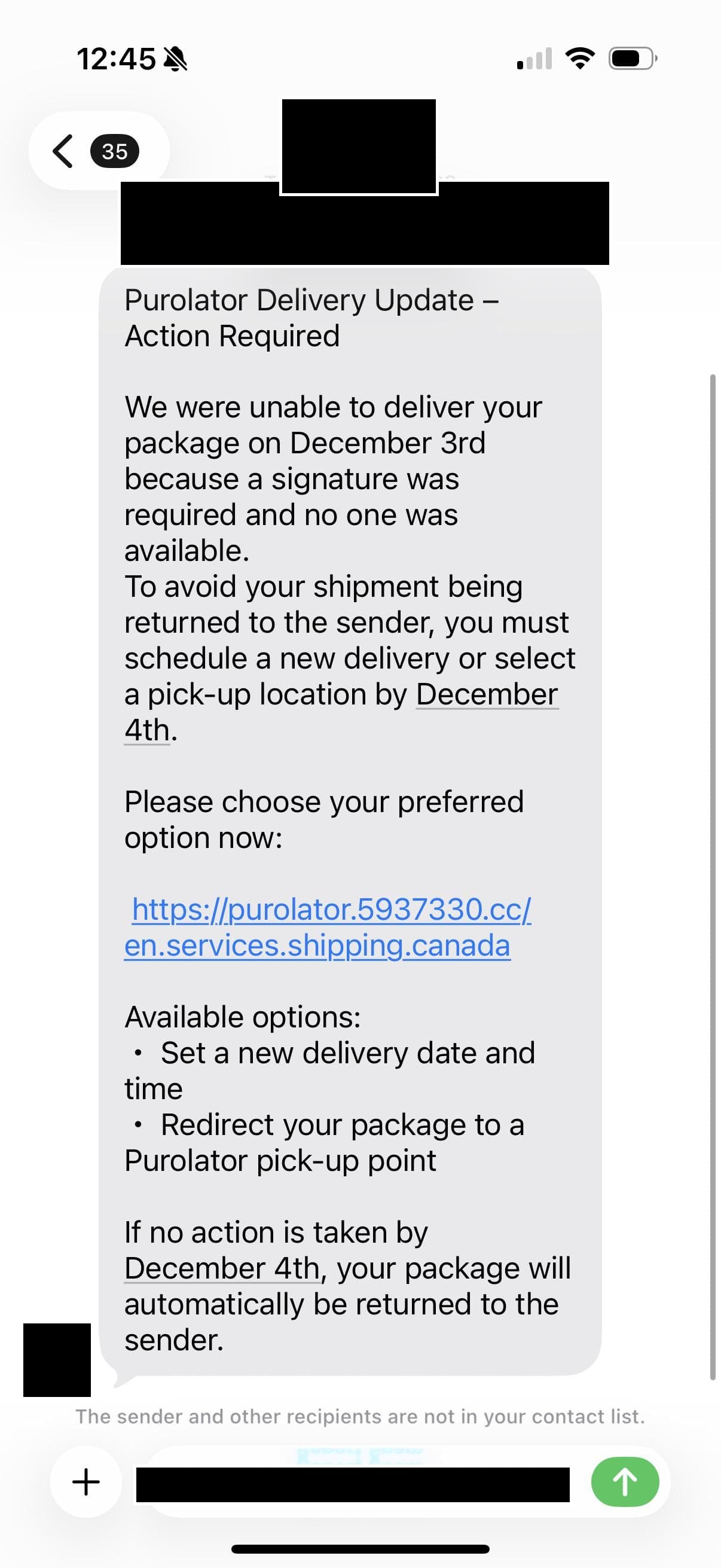Fake Purolator delivery text message with suspicious link claiming a missed delivery on December 3rd