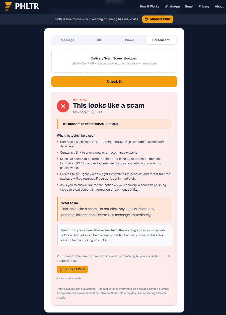 Phltr verdict showing risk score 89 out of 100 for the fake Purolator delivery text