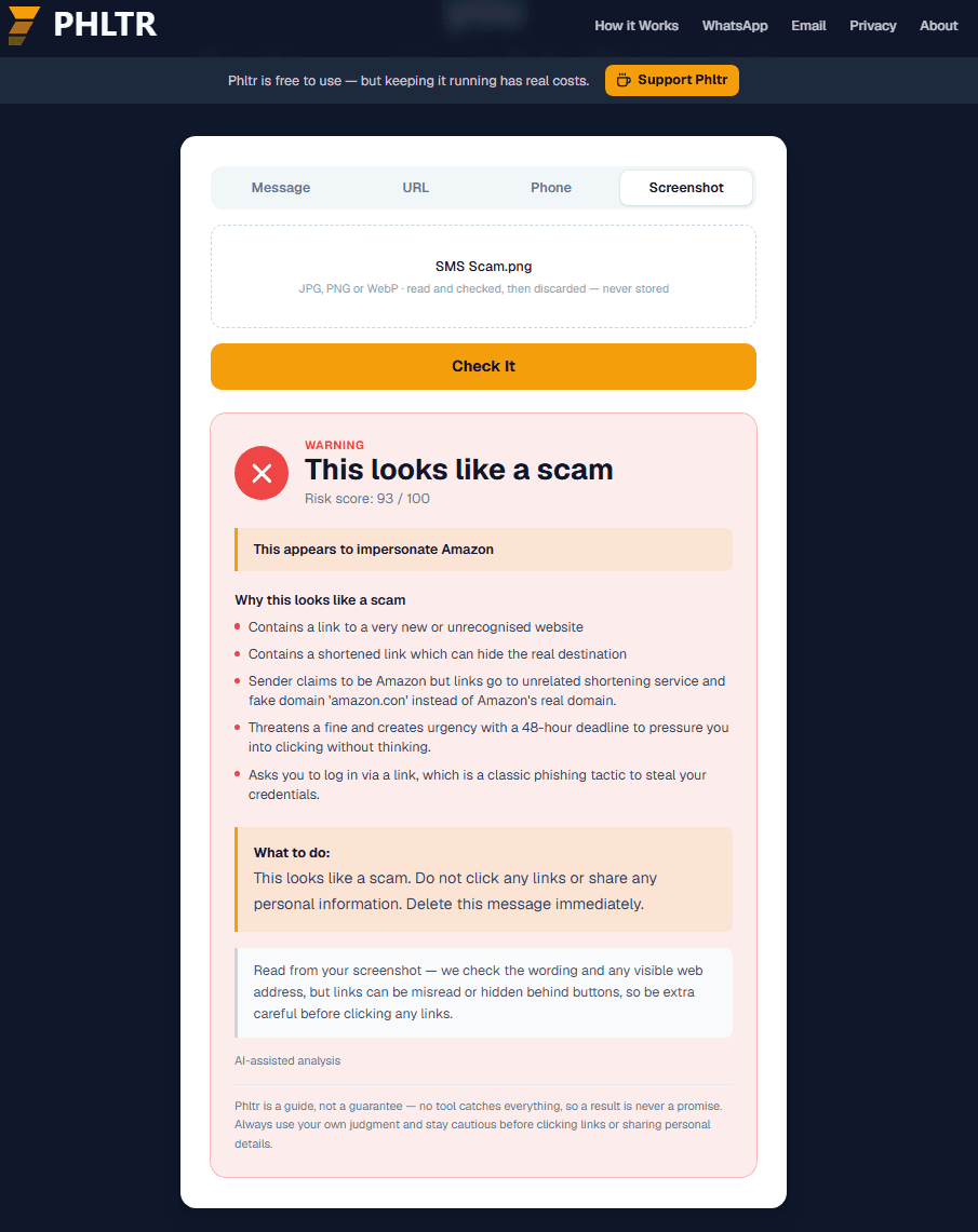 Phltr verdict showing risk score 93 out of 100 for the fake Amazon fine text message