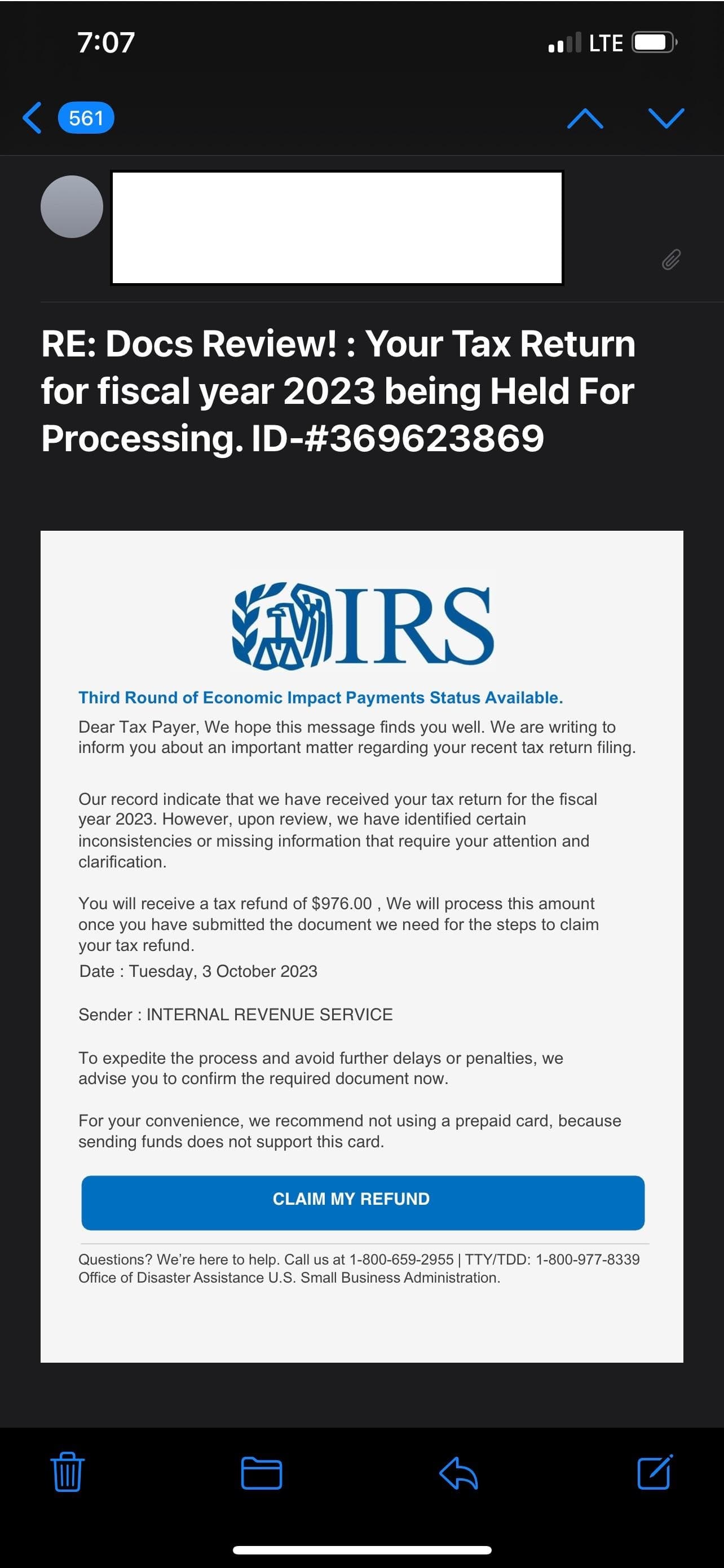 Fake IRS email claiming a 976 dollar tax refund is waiting and asking the recipient to submit documents to claim it