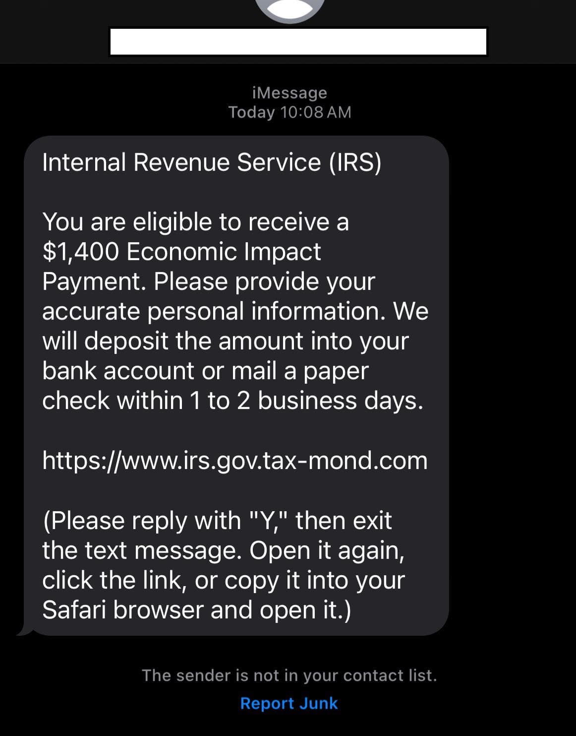 Fake IRS iMessage claiming 1400 dollar Economic Impact Payment eligibility with a spoofed link and instructions to reply Y then open Safari