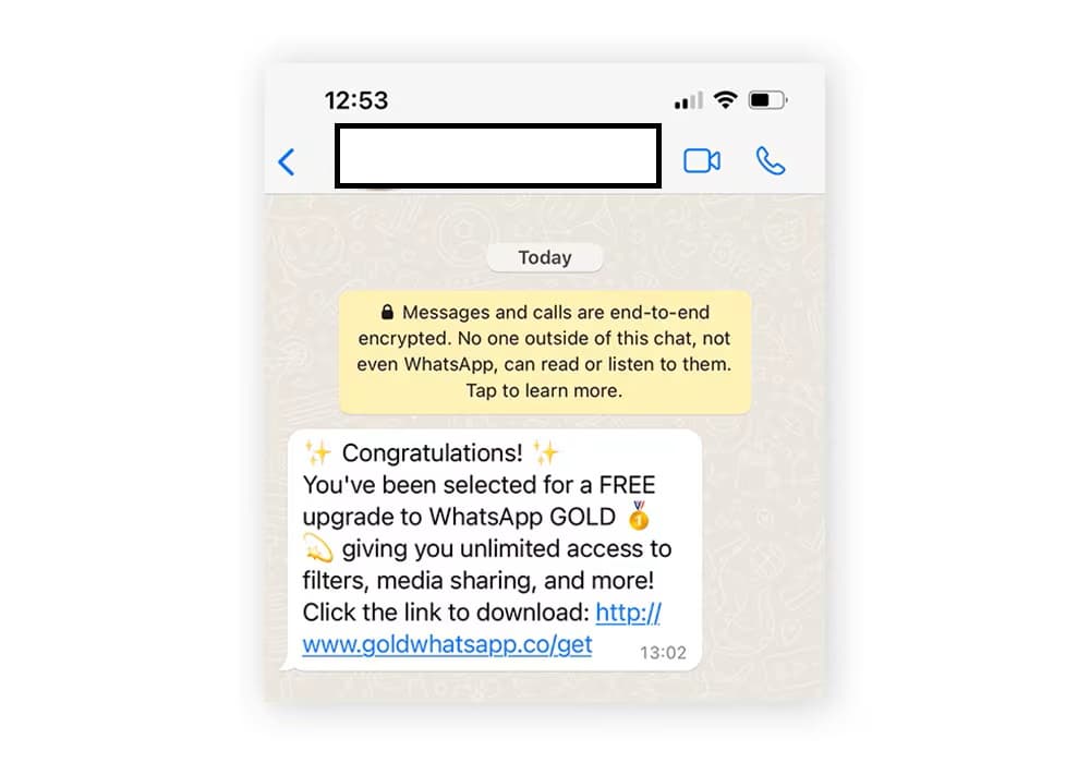 Fake WhatsApp Gold upgrade message received on WhatsApp promising unlimited features via a link to goldwhatsapp.co